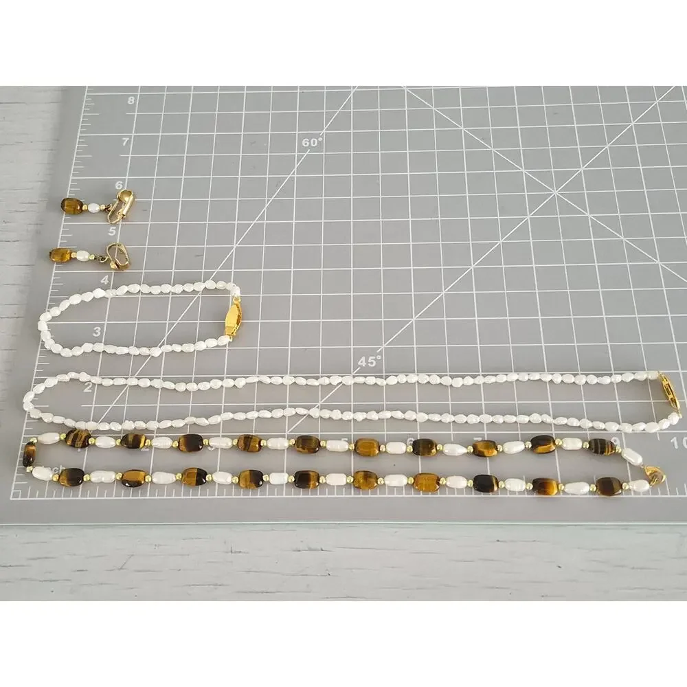 Freshwater Seed Pearl and Tiger Eye Jewelry Set of 2